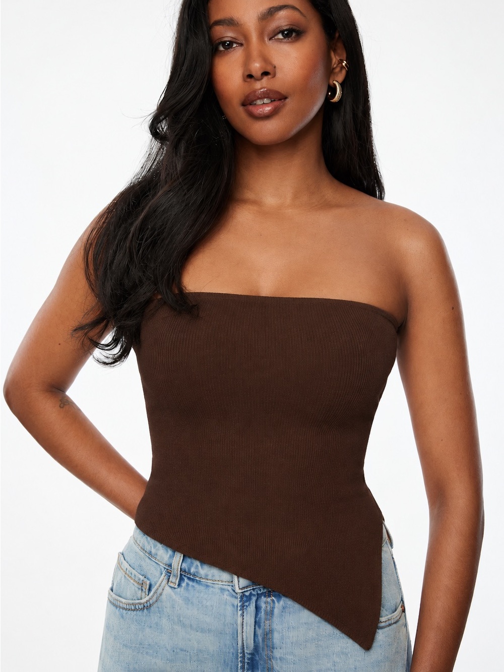Asymmetric Strapless Knit Top - Chocolate Brown